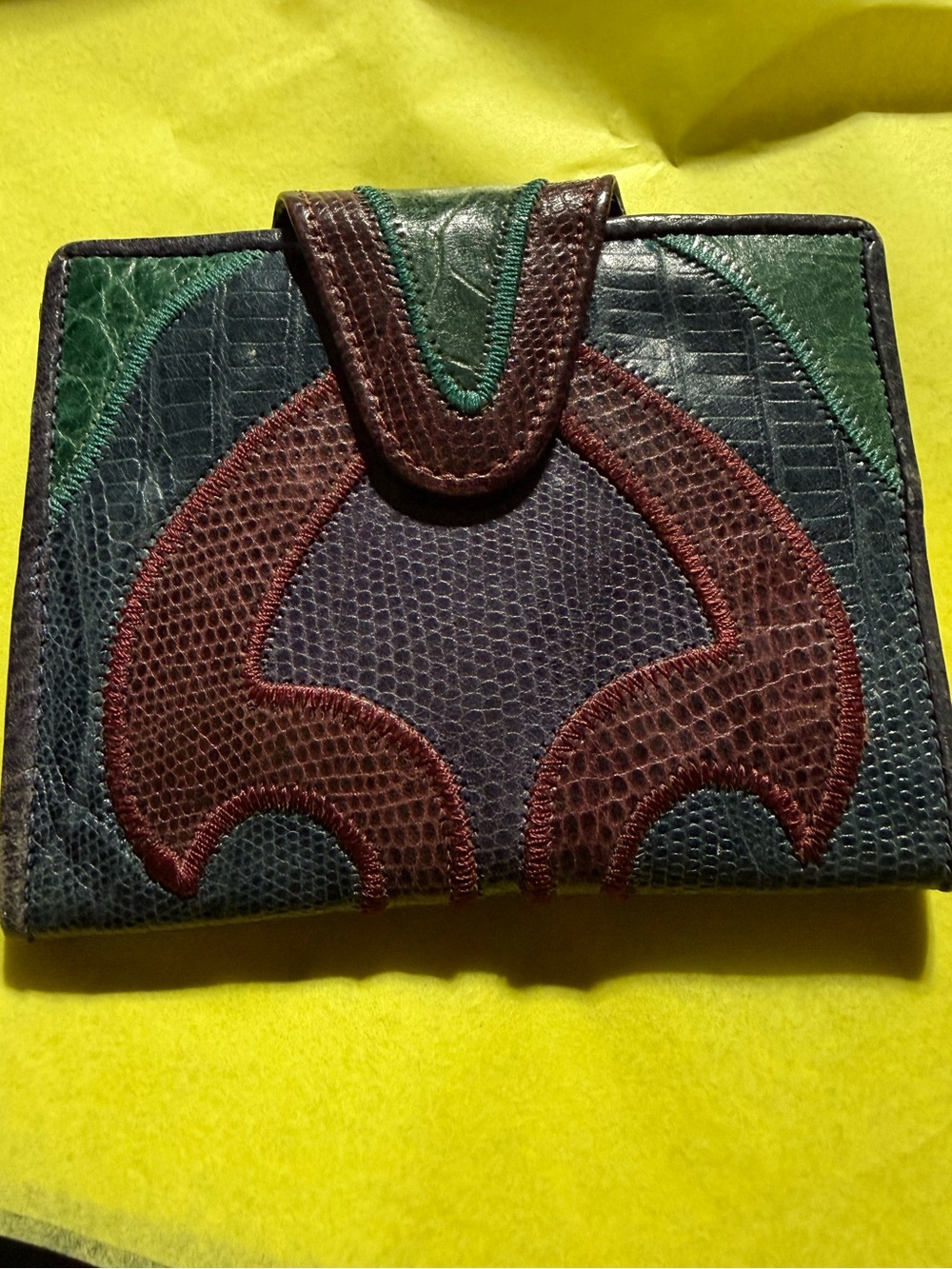 Sharif Vintage Lizard Card Wallet - Green, Brown, Purple